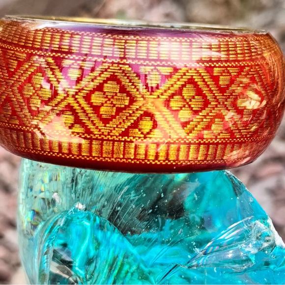 Bohemian Brass Bangle with Red & Gold Ethnic Pattern – Wide Statement Bracelet - Picture 1 of 8